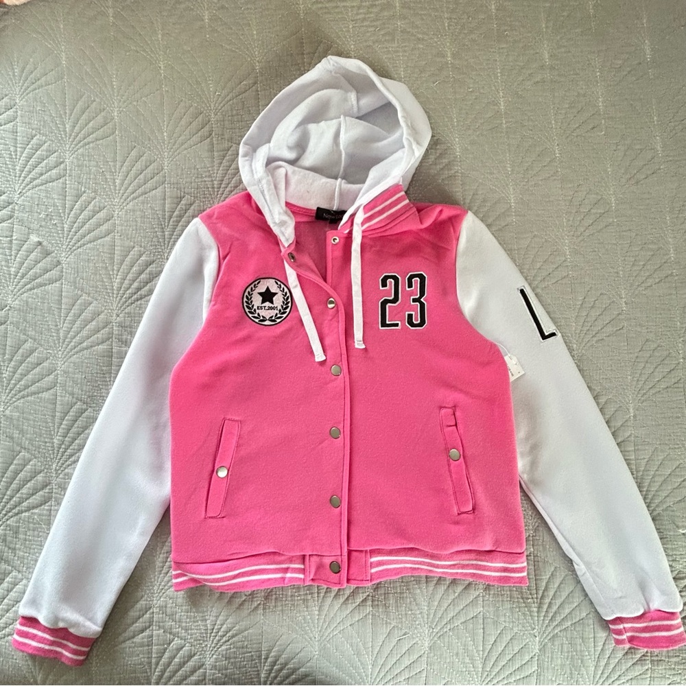 New Look Pink and White Hooded Varsity Jacket